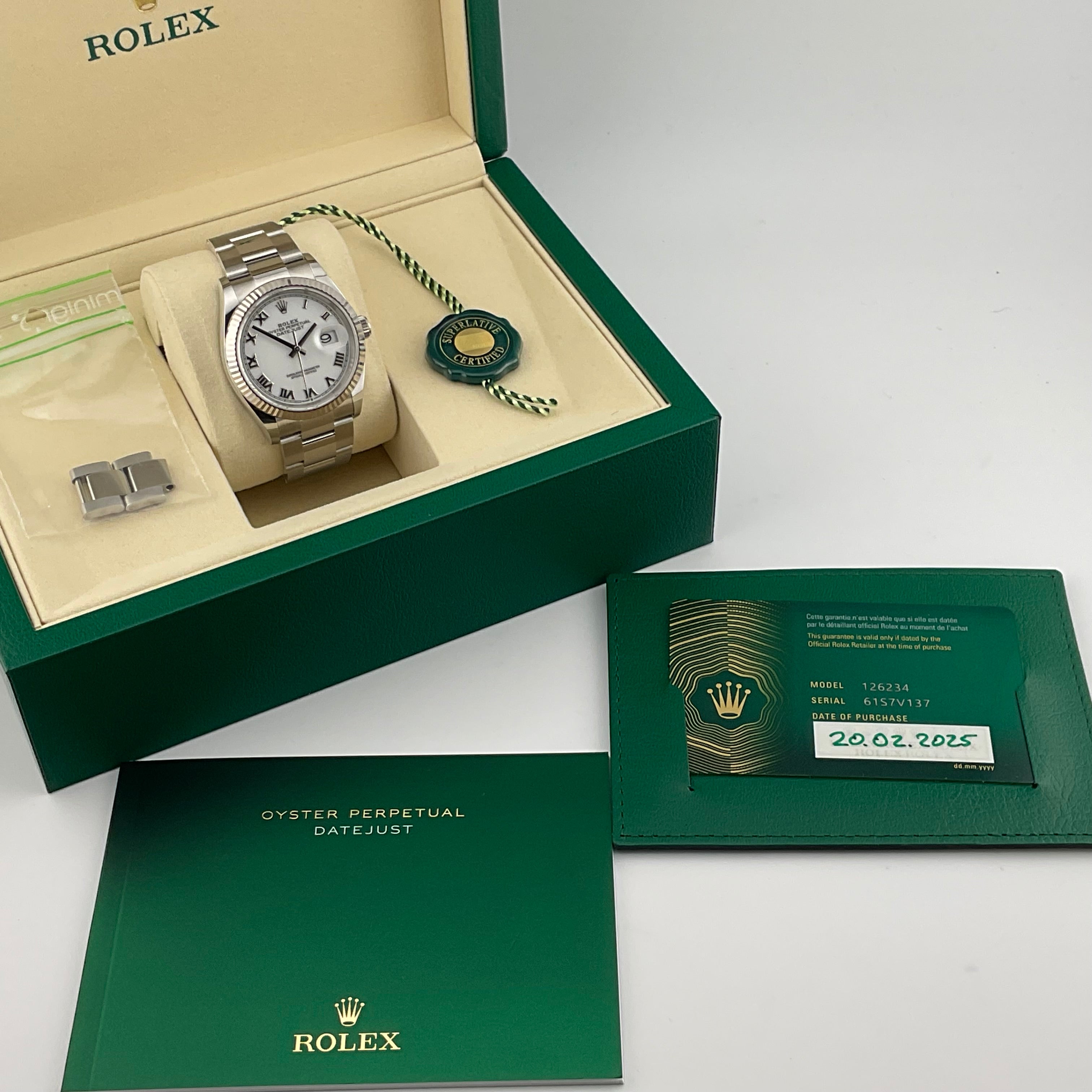 Rolex Datejust 36 | 126234 weiss römisch oyster | 2025 | full set